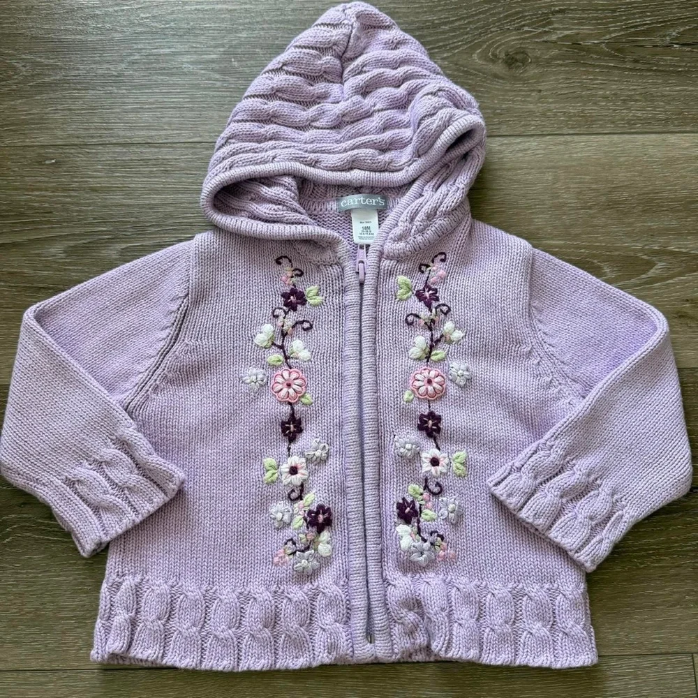 Carter's 100% Cotton lilac floral embroidered zip up sweater Size 18 months